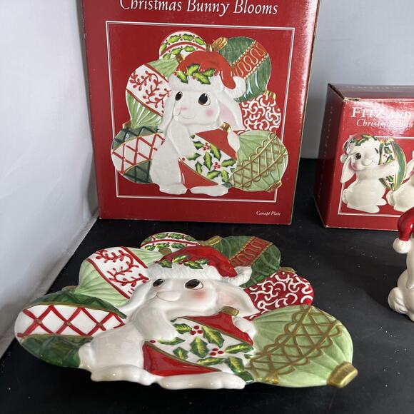 FItz and Floyd Christmas Bunny Blooms 3 Pieces Set Cookie Plate & Salt Pepper - Picture 13 of 14